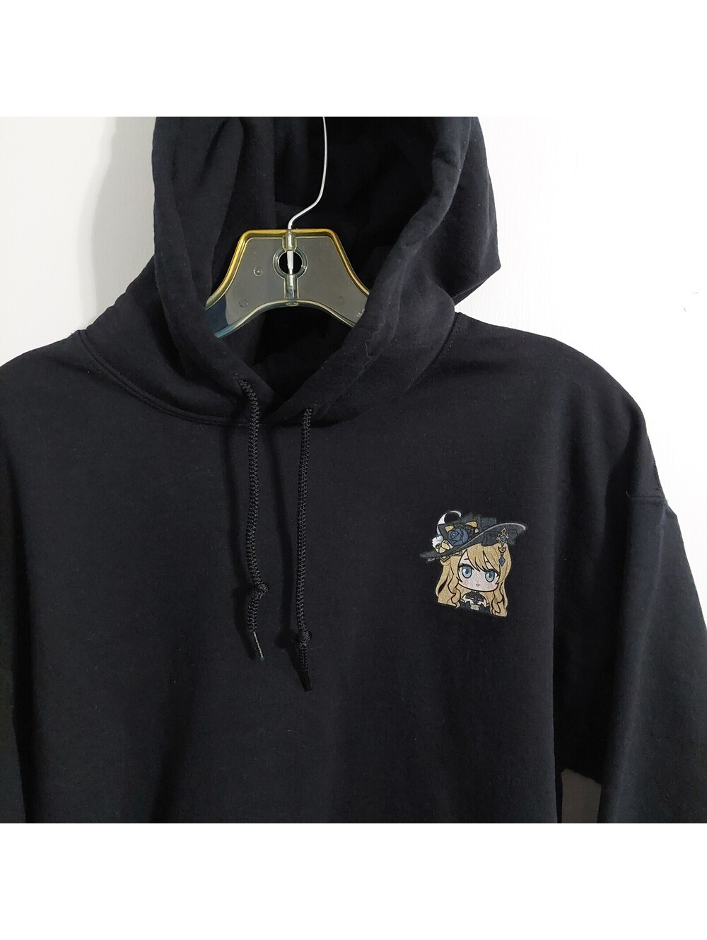 moji moji Black Hoodie with Anime Character Embroidery, Size M